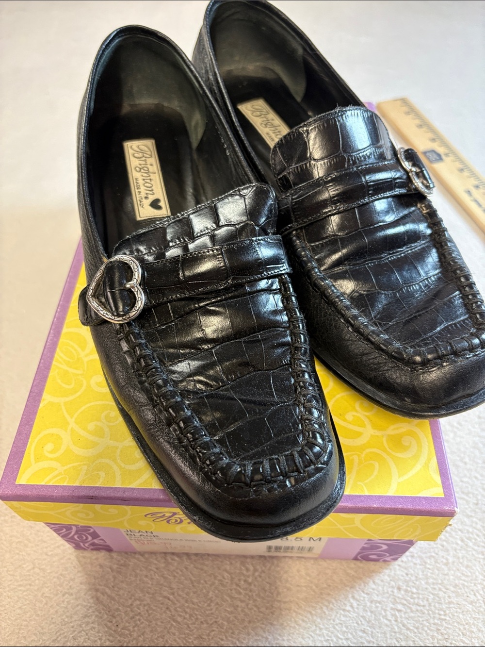 Brighton Black Croc-Embossed Loafers with Heart Buckle Accent